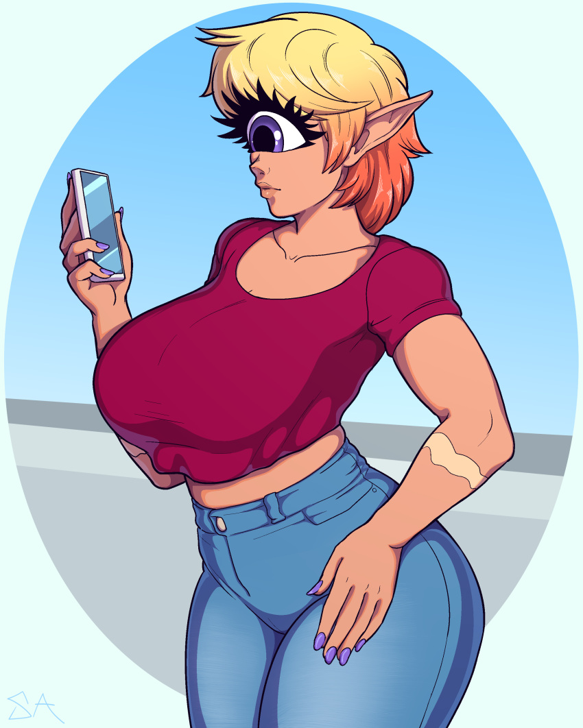 2018 absurd_res big_breasts breasts cellphone clothed clothing colored_nails cyclops digital_media_(artwork) eyelashes female hair hi_res holding_object holding_phone humanoid jeans midriff multicolored_hair not_furry pants phone pointy_ears purple_eyes scar shirt short_hair solo souladdicted two_tone_hair viviana_(souladdicted)