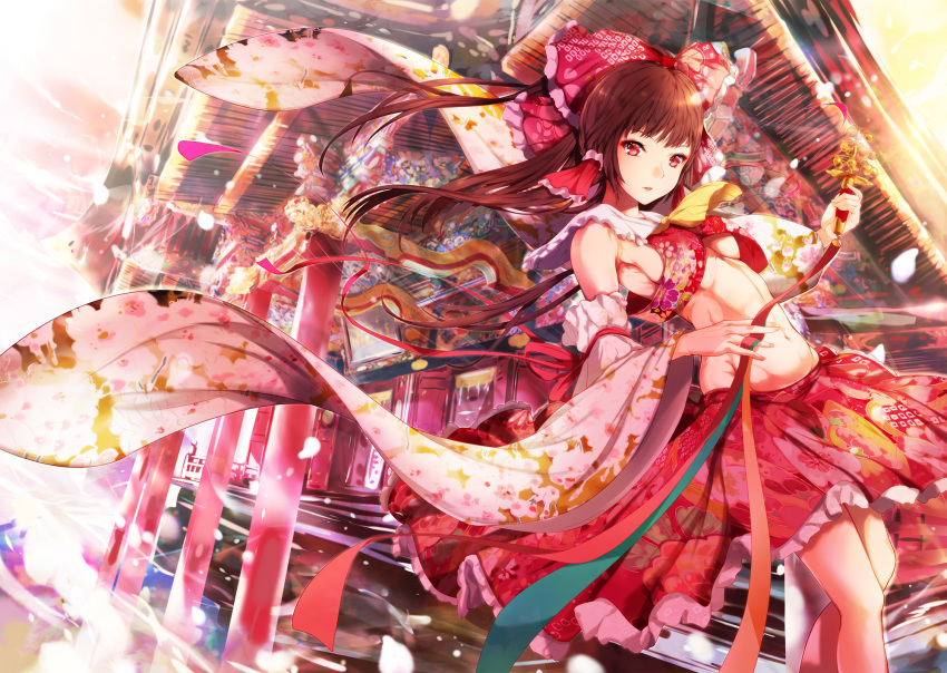 bow bra breasts brown_hair cleavage detached_sleeves floating_hair floral_print frilled_skirt frills groin hair_bow hakurei_reimu highres holding leaning_back long_hair long_sleeves looking_at_viewer mayonaka_taruho navel outdoors parted_lips print_skirt print_sleeves red_bow red_bra red_eyes red_ribbon red_skirt ribbon sideboob skirt small_breasts solo standing sunlight touhou underwear wide_sleeves