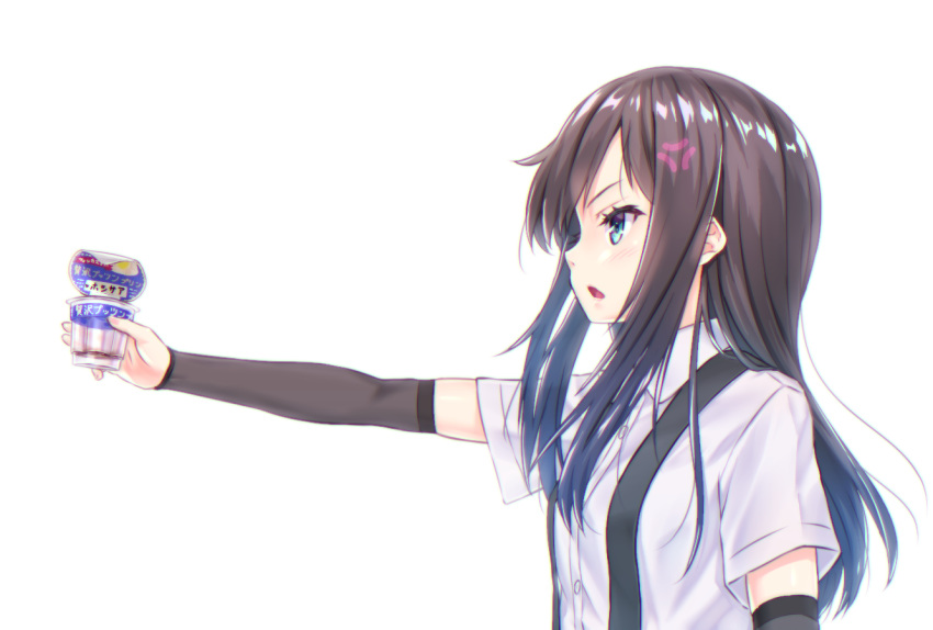 anger_vein arm_warmers asashio_(kantai_collection) black_hair blue_eyes blush breasts commentary cup food gotou_hisashi holding holding_cup kantai_collection long_hair outstretched_arm parted_lips profile pudding school_uniform shirt short_sleeves sidelocks simple_background small_breasts solo suspenders upper_body white_background white_shirt wing_collar