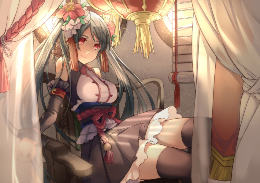 bare_shoulders black_hair black_legwear breasts commentary_request curtains detached_sleeves flower framed_breasts frilled_skirt frills hair_flower hair_ornament long_hair medium_breasts miniskirt obi original pollypeggy2002 red_eyes sash sitting skirt smile solo thighhighs