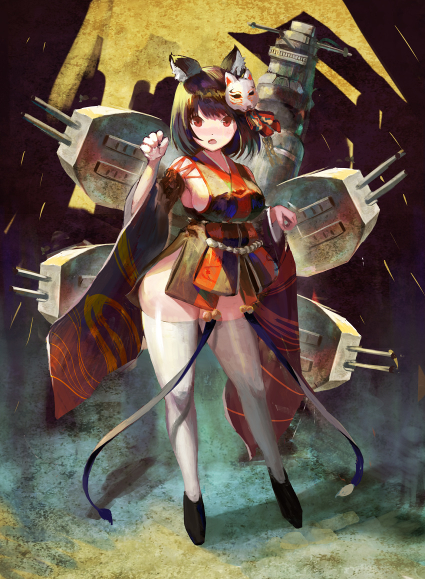 :o animal_ears azur_lane bangs bare_shoulders bell black_footwear black_hair black_kimono breasts cannon cat_ears cat_mask commentary_request detached_sleeves fang full_body hair_between_eyes hair_ribbon highres japanese_clothes jingle_bell kimono large_breasts legs_apart long_sleeves looking_at_viewer machinery mask mask_on_head no_bra obi ogimotozukin open_mouth pagoda paw_pose red_eyes ribbon rope sash shimenawa shoes short_hair short_kimono sideboob skindentation solo standing thighhighs turret white_legwear wide_sleeves yamashiro_(azur_lane) zettai_ryouiki