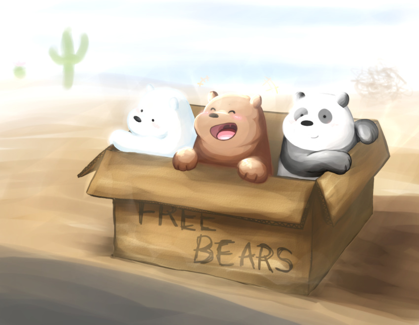 bear black_nose box cactus cartoon_network cub english_text eyes_closed fur grizzly_(wbb) group ice_bear male mammal panda_(wbb) rujirublkdragon smile text we_bare_bears young