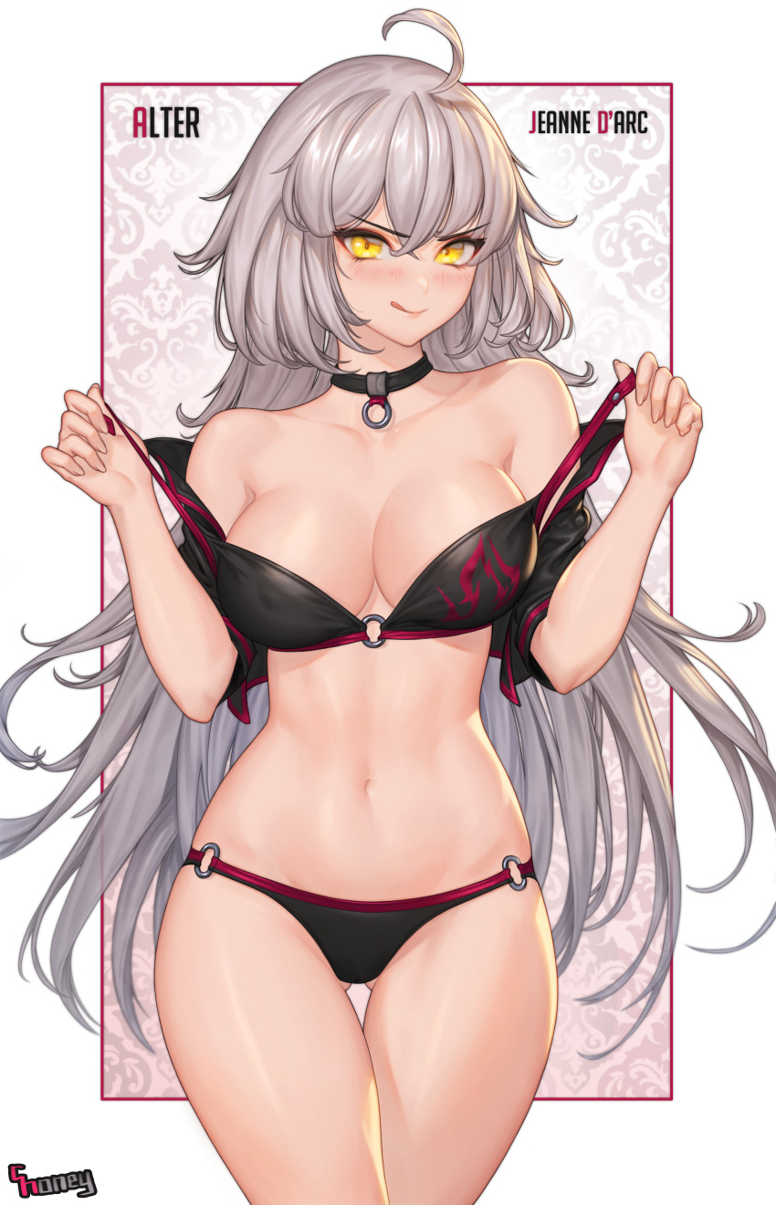 absurdres ahoge ass_visible_through_thighs bangs bare_shoulders bikini bikini_top_removed black_bikini black_choker blush border breasts choker choney cleavage collarbone commentary_request eyebrows_visible_through_hair fate/grand_order fate_(series) hair_between_eyes highres hips jeanne_d'arc_(alter_swimsuit_berserker) jeanne_d'arc_(fate)_(all) large_breasts long_hair navel o-ring o-ring_bikini o-ring_bottom o-ring_top pink_background silver_hair swimsuit thighs white_border
