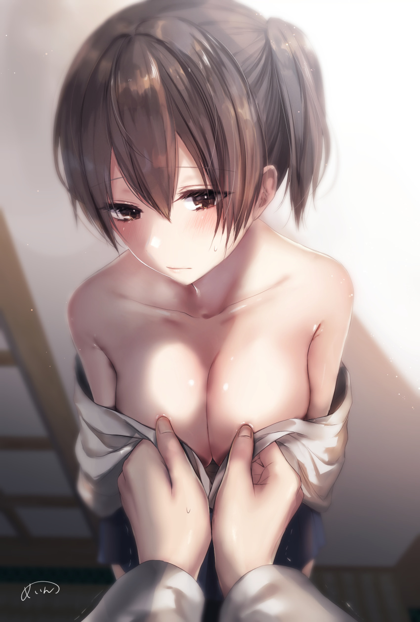 1girl admiral_(kantai_collection) assisted_exposure bangs bare_shoulders blue_skirt blurry blush breast_poke breasts brown_eyes brown_hair cleavage closed_mouth collarbone depth_of_field eyebrows_visible_through_hair foreshortening hair_between_eyes hetero highres indoors japanese_clothes kaga_(kantai_collection) kantai_collection kimono large_breasts long_sleeves looking_at_viewer motion_lines off_shoulder open_clothes open_kimono poking sakiryo_kanna shiny shiny_hair short_hair side_ponytail signature skirt solo_focus stamp standing sweat trembling upper_body white_kimono