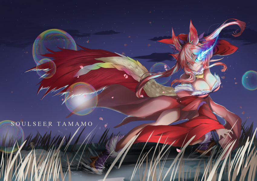 absurdres alternate_costume armor bangs bare_shoulders blunt_bangs breasts cleavage collarbone crossover fate/extra fate_(series) fusion hair_ribbon highres japanese_clothes large_breasts long_hair looking_at_viewer mizutsune monster_hunter monster_hunter_xx night night_sky outdoors pink_hair red_ribbon red_skirt ribbon skirt sky solo star suiiryu tamamo_(fate)_(all) tamamo_no_mae_(fate) yellow_eyes
