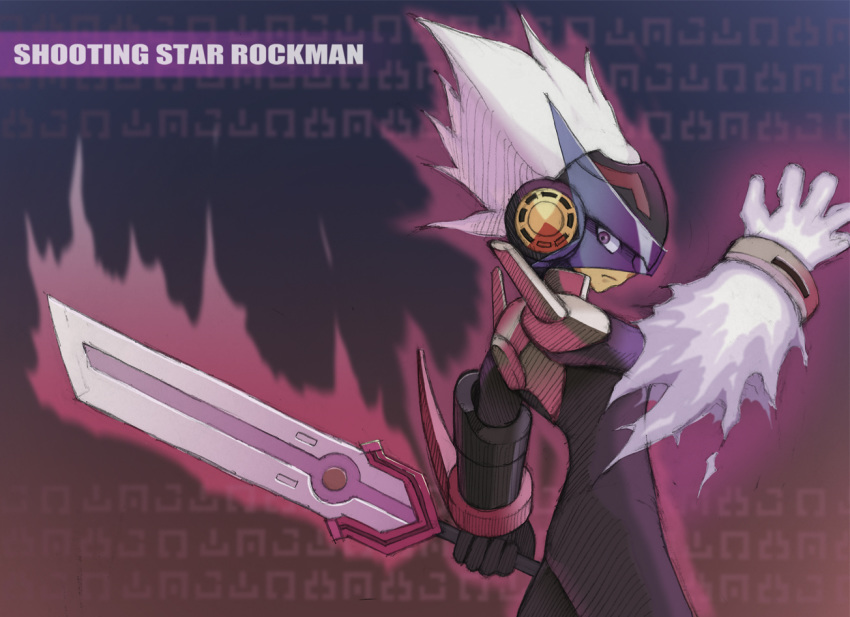 bodysuit commentary_request copyright_name gradient gradient_background helmet looking_at_viewer looking_to_the_side male_focus profile purple_eyes rockman ryuusei_no_rockman sketch solo solo_(ryuusei_no_rockman) spiked_hair weapon white_hair yuusuke_(5yusuke3)