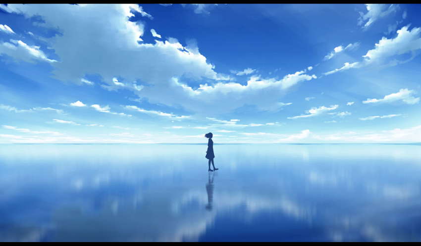 blue_sky cloud cloudy_sky commentary_request day dress fantasy highres horizon kijineko letterboxed long_hair ocean original outdoors partial_commentary reflection scenery shoes silhouette sky solo sunlight walking walking_on_liquid water wide_shot