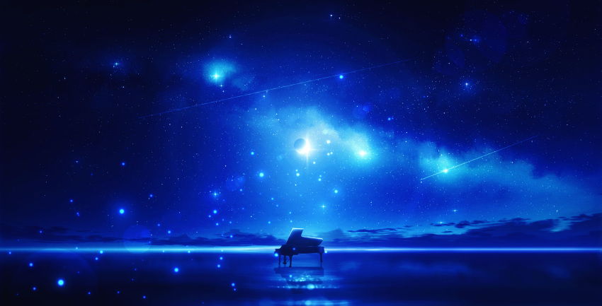 cloud commentary_request fantasy grand_piano highres horizon instrument kijineko lens_flare light_particles moon night night_sky no_humans ocean original outdoors piano reflection scenery shooting_star sky star_(sky) starry_sky water