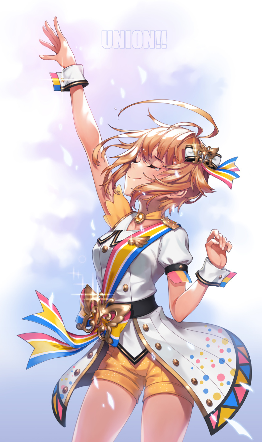absurdres ahoge arm_up bangs blonde_hair blue_background blue_ribbon bow butterfly_ornament buttons choker closed_eyes closed_mouth commentary_request cowboy_shot dress fingernails glint gradient gradient_background hair_between_eyes hair_bow hand_up highres ibuki_tsubasa idolmaster idolmaster_million_live! idolmaster_million_live!_theater_days jewelry light_particles machi_(machi333) mismatched_sleeves multicolored multicolored_ribbon nouvelle_tricolor outstretched_arm pendant print_dress puffy_short_sleeves puffy_sleeves red_ribbon ribbon shiny shiny_hair short_dress short_hair short_sleeves shorts shorts_under_dress single_tear smile solo song_name sparkle standing striped striped_bow striped_ribbon sweat tears wet wet_hair white_background white_bow white_dress wrist_cuffs yellow_choker yellow_ribbon yellow_shorts