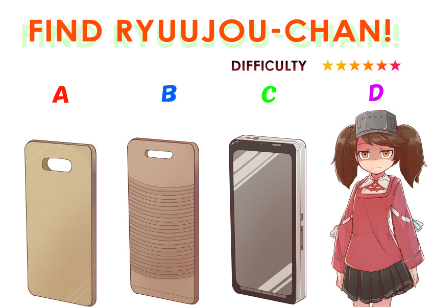 10s 1girl absurdres brown_eyes brown_hair cellphone comparison cutting_board empty_eyes expressionless female flat_chest hard_translated highres japanese_clothes kantai_collection kariginu long_hair looking_at_viewer okuva phone pleated_skirt ryuujou_(kantai_collection) shaded_face simple_background skirt smartphone solo translated twintails visor_cap washboard white_background