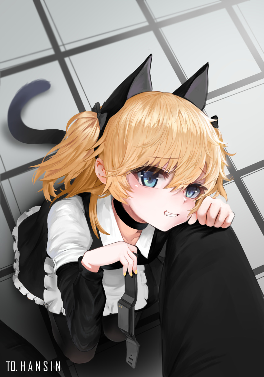1girl alternate_costume animal_ears apron bangs black_legwear black_pants blonde_hair blue_eyes blush breasts cat_ears cat_tail choker collarbone commentary_request dokomon dress enmaided eyebrows_visible_through_hair fake_animal_ears fake_tail fangs girls_frontline grin hair_between_eyes hairband hand_on_another's_knee highres holding huge_filesize kneeling long_hair looking_at_viewer maid maid_apron nail_polish pants pantyhose sidelocks small_breasts smile super_shorty_(girls_frontline) tail two_side_up yellow_nails