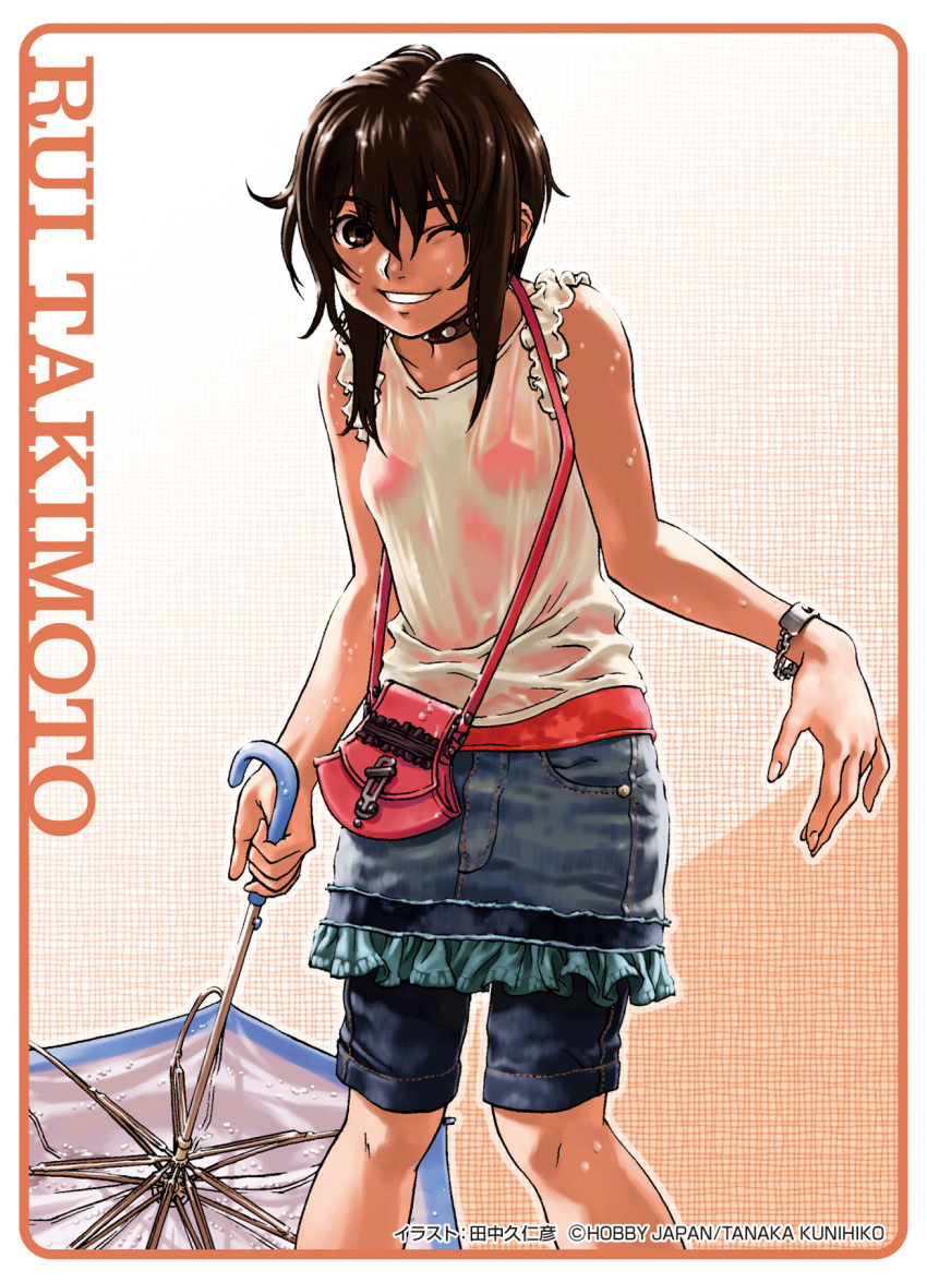 bracelet brown_eyes brown_hair camisole choker copyright_name frame grin highres holding holding_umbrella jewelry long_hair looking_at_viewer one_eye_closed see-through shirt shorts skirt smile tanaka_kunihiko umbrella wet wet_clothes wet_shirt
