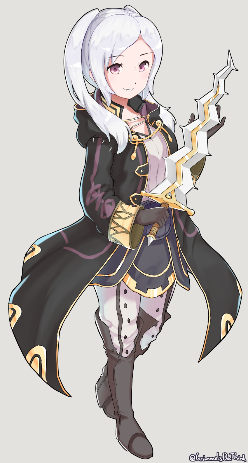 absurdres commentary female_my_unit_(fire_emblem:_kakusei) fire_emblem fire_emblem:_kakusei full_body gloves grey_background grimmelsdathird highres holding holding_sword holding_weapon hood hood_down long_hair long_sleeves my_unit_(fire_emblem:_kakusei) open_clothes open_robe parted_lips robe simple_background solo standing sword twintails twitter_username weapon white_hair
