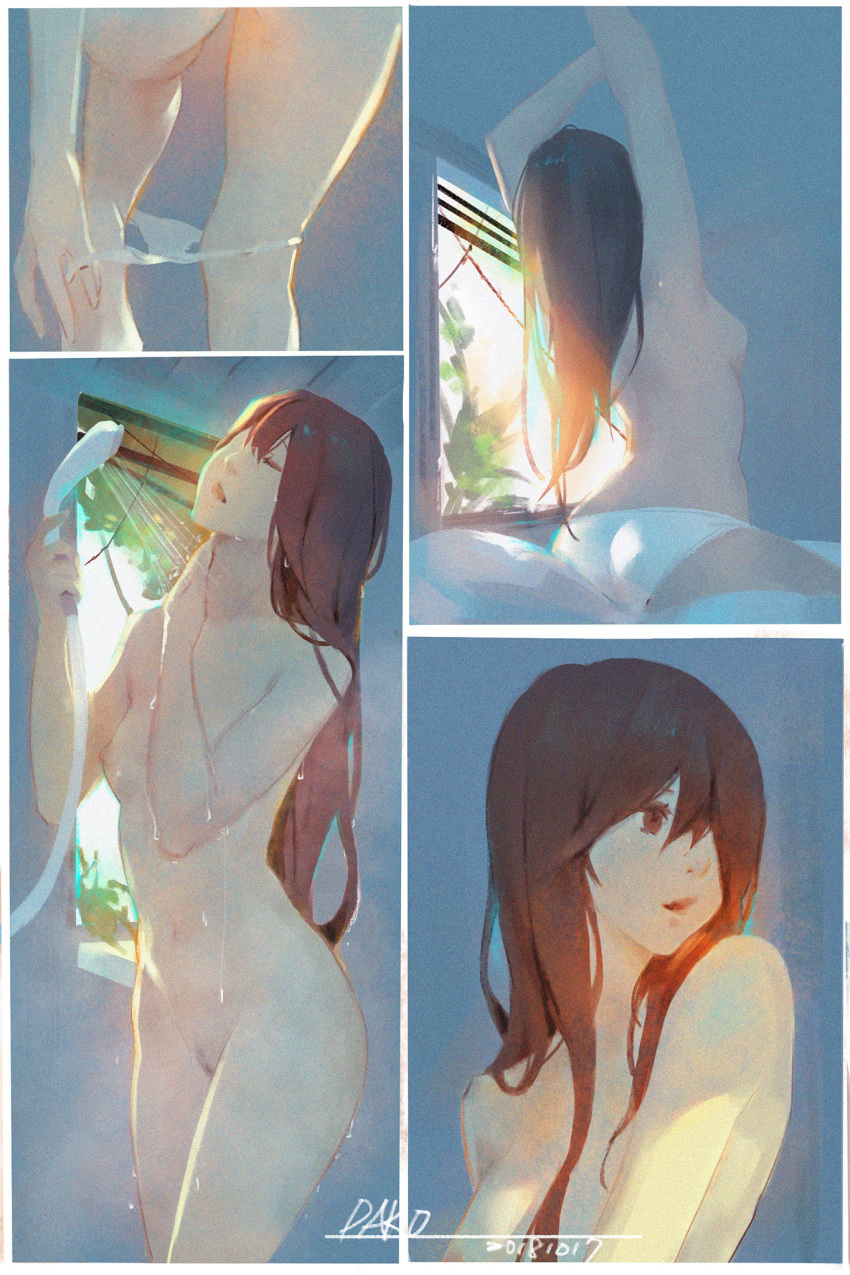 arms_up artist_name ass back breasts brown_eyes brown_hair closed_eyes comic commentary dako6995 dated hair_over_one_eye highres holding long_hair looking_to_the_side lower_body medium_breasts morning nipples nude original panties panty_pull pillow pubic_hair shoulder_blades shower_head showering sideboob sitting stretch sunlight topless underwear underwear_only undressing waking_up white_panties window