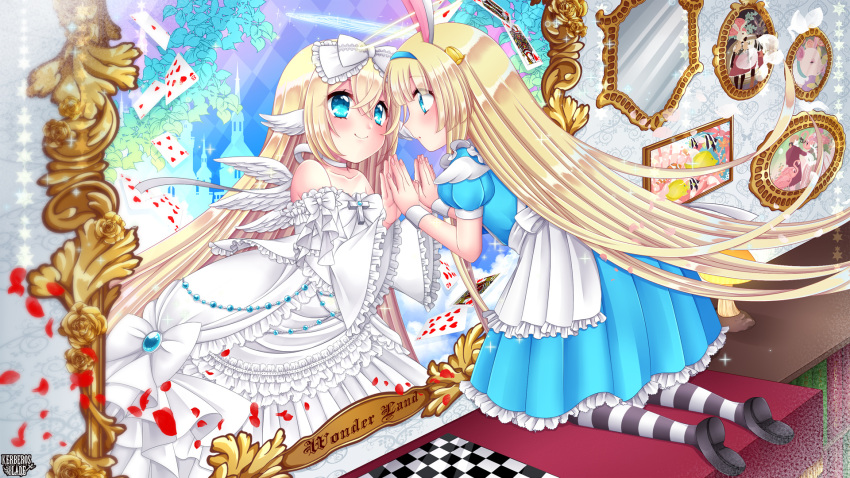 animal_ears bare_shoulders black_footwear blonde_hair blue_dress blue_hairband bookshelf bow bunny_ears card checkered checkered_floor choker copyright_name cross different_reflection dress dress_bow eye_contact frilled_dress frills hair_between_eyes hair_bow hairband head_wings highres kerberos_blade kneeling long_hair looking_at_another mirror official_art painting_(object) pantyhose petals playing_card puffy_short_sleeves puffy_sleeves reflection short_sleeves sorakase_sawa striped striped_legwear very_long_hair white_bow white_choker white_dress white_wings wings wrist_cuffs