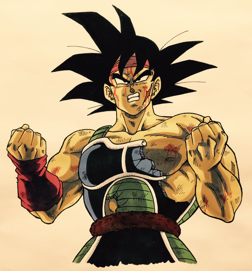 angry armor bandana bardock bare_shoulders black_eyes black_hair blood blood_on_face broken broken_armor clenched_hands clenched_teeth commentary_request dirty dirty_face dragon_ball dragon_ball_z expressionless highres lee_(dragon_garou) looking_up male_focus nipples red_bandana scar serious short_hair simple_background spiked_hair tail teeth upper_body white_background