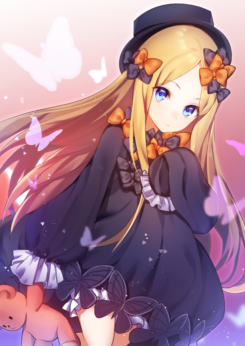 abigail_williams_(fate/grand_order) black_bow black_dress black_hat blonde_hair bloomers blue_eyes bow bug butterfly dress expressionless fate/grand_order fate_(series) hair_bow hand_on_own_chest hat highres holding holding_stuffed_animal insect long_hair looking_at_viewer orange_bow popupi sleeves_past_fingers sleeves_past_wrists solo stuffed_animal stuffed_toy teddy_bear underwear very_long_hair