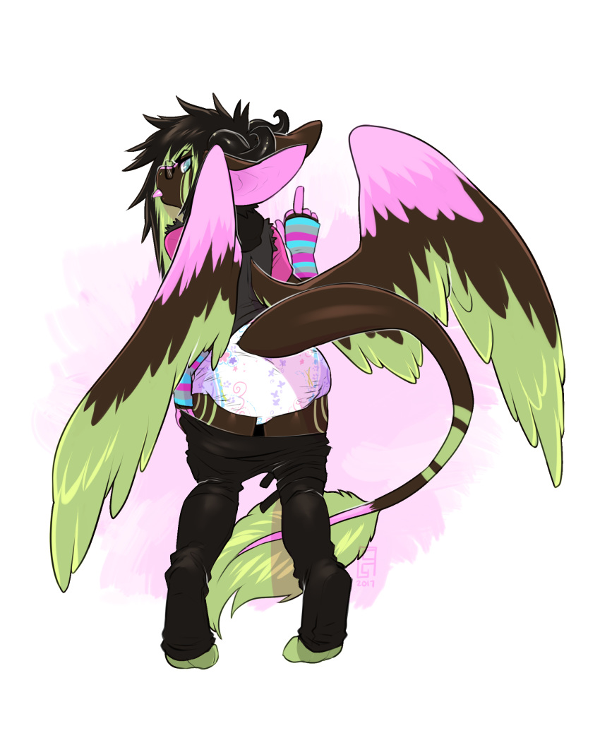 angel_dragon anthro biped clothed clothing diaper fully_clothed fur hair looking_at_viewer looking_back male pants shirt signature simple_background standing twixxel_minty unknown_artist unknown_artist_signature white_background wings