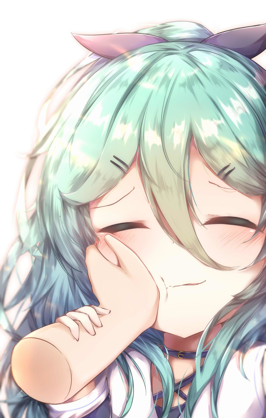 absurdres blush closed_eyes closed_mouth commentary_request eyebrows_visible_through_hair gradient_hair green_hair hair_between_eyes hair_flaps hair_ornament hair_ribbon hairclip hand_on_another's_cheek hand_on_another's_face highres kantai_collection long_hair multicolored_hair ribbon school_uniform serafuku simple_background smile solo_focus sorahachi_(sora823) white_background yamakaze_(kantai_collection)