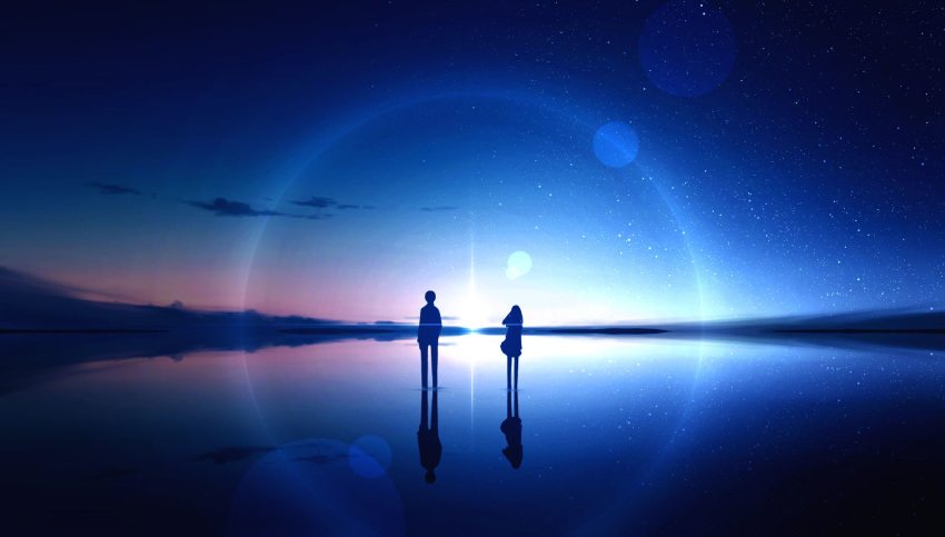 1girl cloud commentary_request diffraction_spikes fantasy gradient_sky highres horizon kijineko lens_flare night night_sky ocean original outdoors reflection scenery silhouette sky standing standing_on_liquid star_(sky) starry_sky twilight water