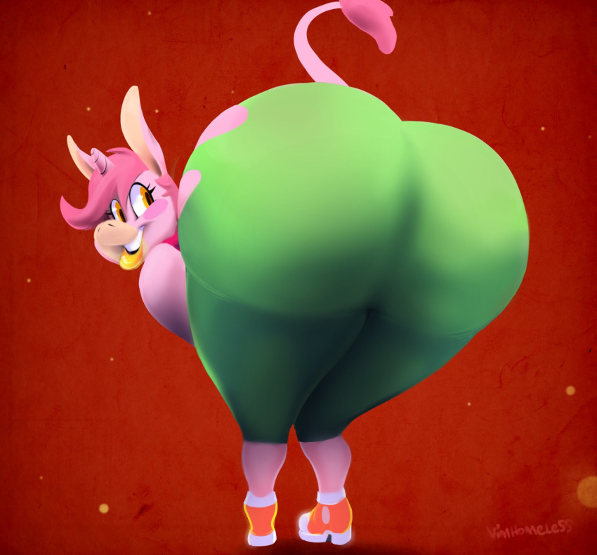 2018 anthro bent_over big_butt biped blush boon_(vimhomeless) butt butt_focus clothed clothing countershade_face countershading crossgender digital_media_(artwork) digital_painting_(artwork) equine eyelashes female footwear full-length_portrait fur green_bottomwear green_clothing hair horn huge_butt lighting lipstick looking_back makeup mammal multicolored_fur muzzle_(marking) open_mouth open_smile pants pink_fur pink_hair pink_horn pink_tail portrait presenting presenting_hindquarters rear_view red_background red_clothing red_topwear shadow shoes short_hair simple_background smile snout solo standing tail_tuft tan_countershading tan_fur thick_thighs toony torn_clothing torn_pants tuft two_tone_fur unicorn vimhomeless wide_hips yellow_eyes yellow_lips yellow_lipstick