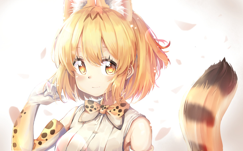 animal_ear_fluff animal_ears animal_ears_(artist) bare_shoulders blonde_hair blush bow commentary_request elbow_gloves extra_ears eyebrows_visible_through_hair gloves hand_in_hair highres kemono_friends multicolored_hair serval_(kemono_friends) serval_ears serval_print serval_tail short_hair sleeveless tail upper_body yellow_eyes