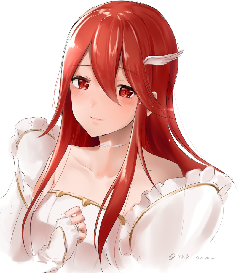 bare_shoulders bride choker closed_mouth commentary_request fire_emblem fire_emblem:_kakusei fire_emblem_heroes hair_ornament highres jewelry long_hair red_eyes red_hair ring simple_background sleeveless snk_anm solo tears tiamo twitter_username white_background