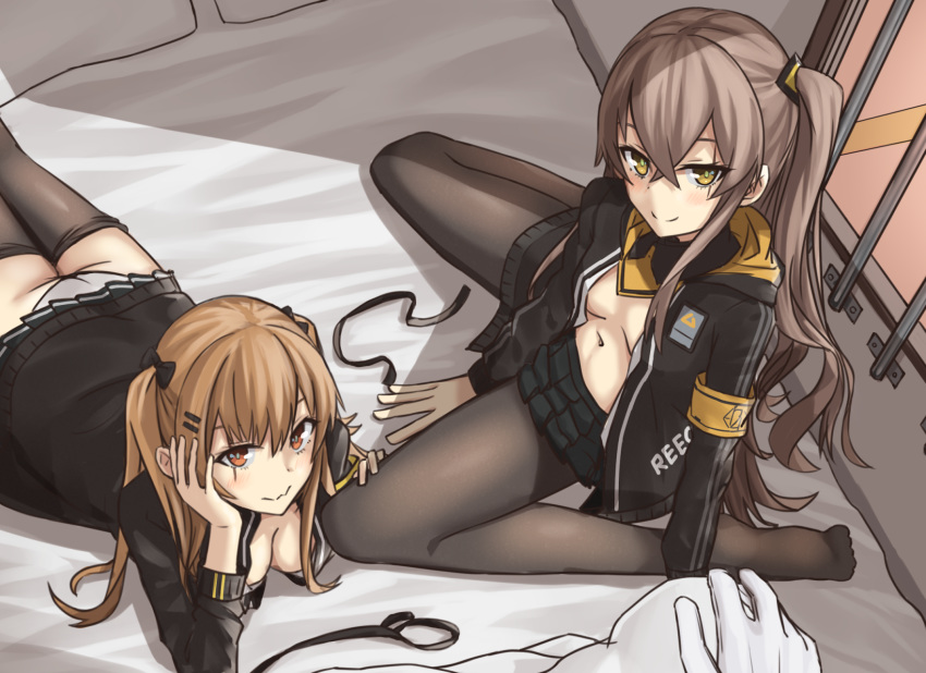 404_logo_(girls_frontline) armband ass bed breasts brown_eyes commentary_request elfenlied22 girls_frontline highres jacket multiple_girls navel open_clothes open_jacket pantyhose pantyhose_pull scar scar_across_eye siblings sisters twins twintails ump45_(girls_frontline) ump9_(girls_frontline) yellow_eyes
