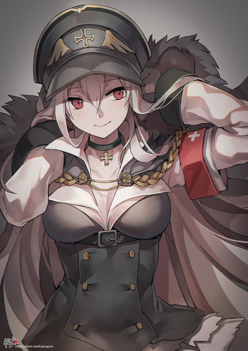 aiguillette armband arms_behind_head bangs belt black_hat blush breasts buckle cleavage closed_mouth collarbone commentary double-breasted dress eyebrows_visible_through_hair fur_trim girls_frontline hair_between_eyes hat highres iron_cross jacket_on_shoulders kar98k_(girls_frontline) kyjsogom long_hair looking_at_viewer peaked_cap red_eyes sidelocks signature smile solo underbust very_long_hair white_hair