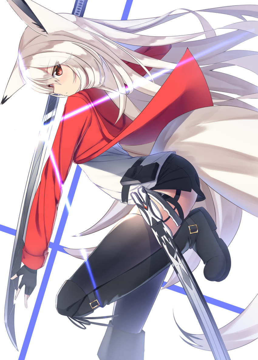 boots commentary_request fox_ears grey_hair highres katana original shiro_youduki sword thigh_boots thighhighs weapon white_hair