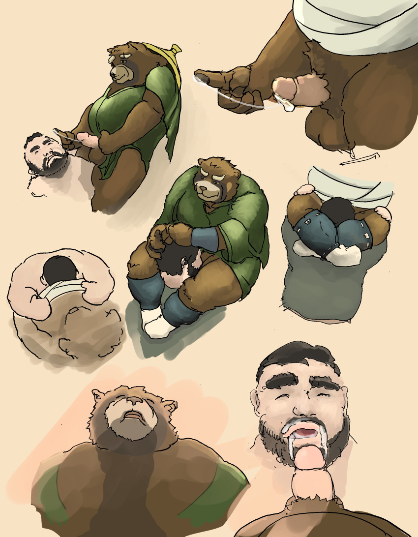 2018 anthro balls belly bezdomny brown_fur clothing cum duo erection eyes_closed fur gyobu hat human human_on_anthro humanoid_hands interspecies male male/male mammal oral overweight overweight_male penis robe simple_background tokyo_afterschool_summoners