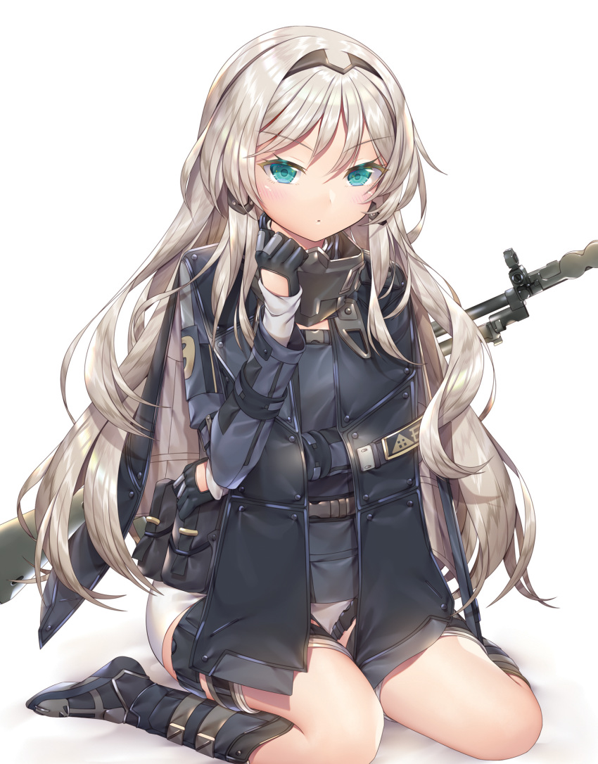 agrt an-94 an-94_(girls_frontline) aqua_eyes assault_rifle bangs belt belt_pouch black_footwear black_gloves black_hairband black_jacket black_vest blush closed_mouth commentary_request eyebrows_visible_through_hair face_mask girls_frontline gloves grey_hair gun hair_ornament hairband hand_under_clothes highres jacket jacket_on_shoulders knife long_hair long_sleeves looking_at_viewer mask mask_around_neck open_clothes open_vest pouch rifle shiny shiny_hair short_shorts shorts simple_background sitting solo thigh_strap v-shaped_eyebrows very_long_hair vest wariza weapon weapon_on_back white_background white_shorts