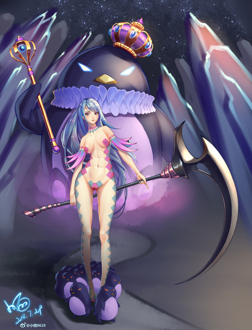 abs absurdres animal artist_name bangs bare_shoulders bird blue_eyes blue_hair blush breasts cameltoe closed_mouth collarbone commentary_request cosplay covered_nipples crown dated dungeon_travelers_2 full_body glowing glowing_eyes highres holding holding_scythe holding_weapon konishi_(565112307) light_blush lips lizerietta_marsh lizerietta_marsh_(cosplay) long_hair maebari medium_breasts navel neck_ruff night night_sky orange_eyes original outdoors penguin red_eyes revealing_clothes scythe shiny shiny_hair shiny_skin signature sky staff standing star_(sky) starry_sky swept_bangs very_long_hair watermark weapon weibo_username