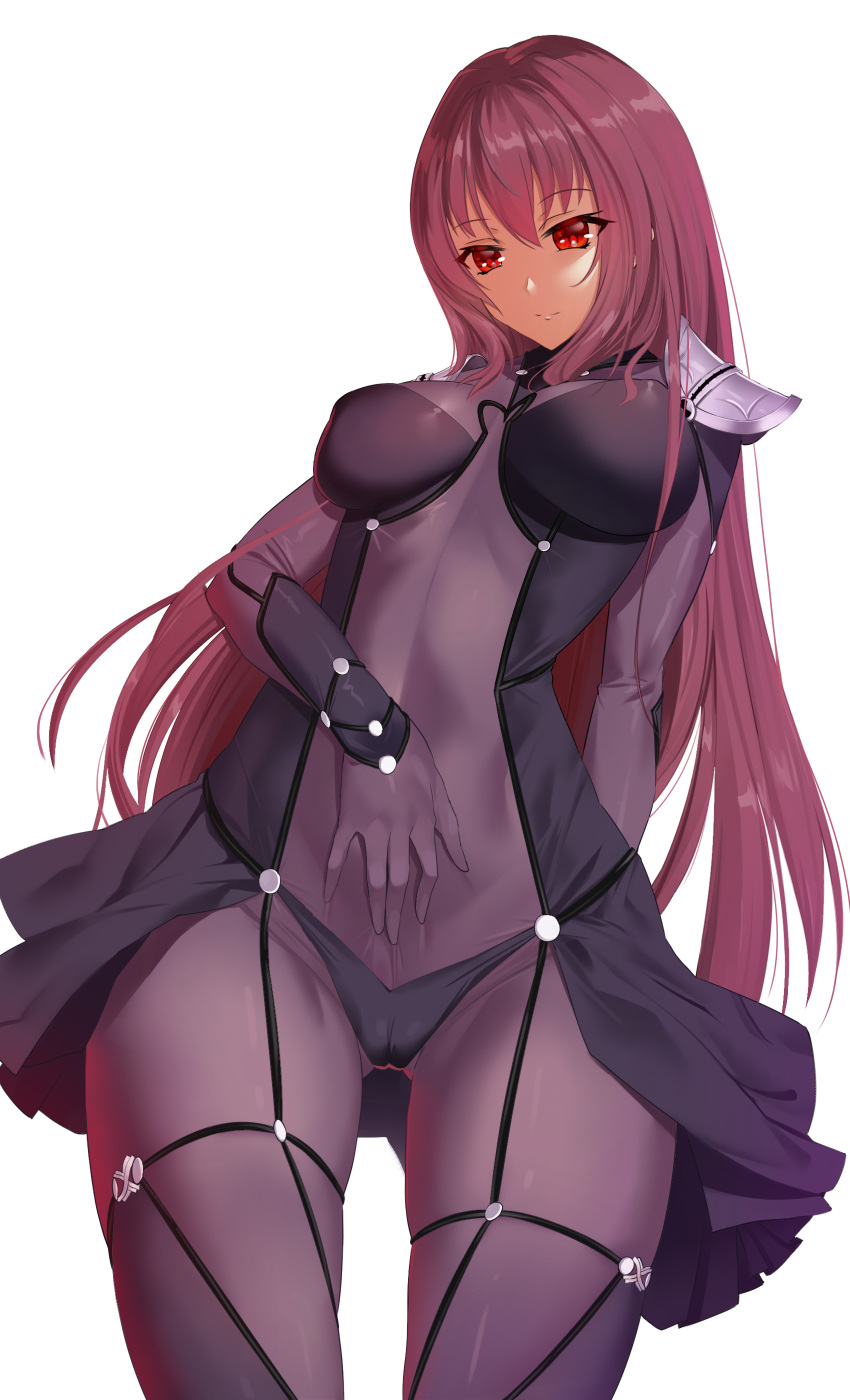 absurdres blbc2 bodysuit_under_clothes breasts cameltoe cowboy_shot fate/grand_order fate_(series) highres pauldrons purple_hair red_eyes scathach_(fate)_(all) scathach_(fate/grand_order) skindentation smile solo