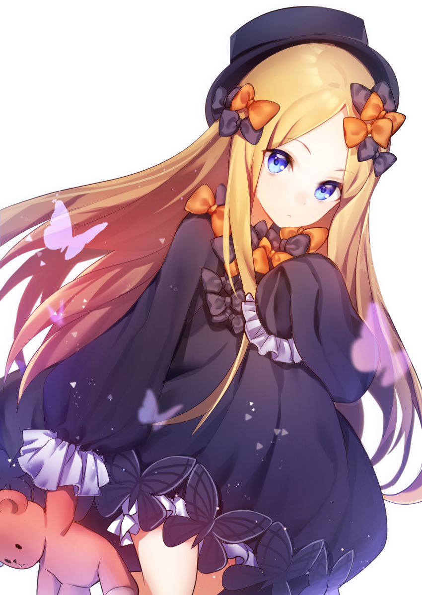 abigail_williams_(fate/grand_order) bangs black_bow black_dress black_hat blonde_hair bloomers blue_eyes bow bug butterfly closed_mouth commentary dress dutch_angle eyebrows_visible_through_hair fate/grand_order fate_(series) forehead hair_bow hand_up hat highres holding holding_stuffed_animal insect long_hair long_sleeves looking_at_viewer orange_bow parted_bangs popupi simple_background sleeves_past_fingers sleeves_past_wrists solo stuffed_animal stuffed_toy symbol_commentary teddy_bear underwear very_long_hair white_background white_bloomers