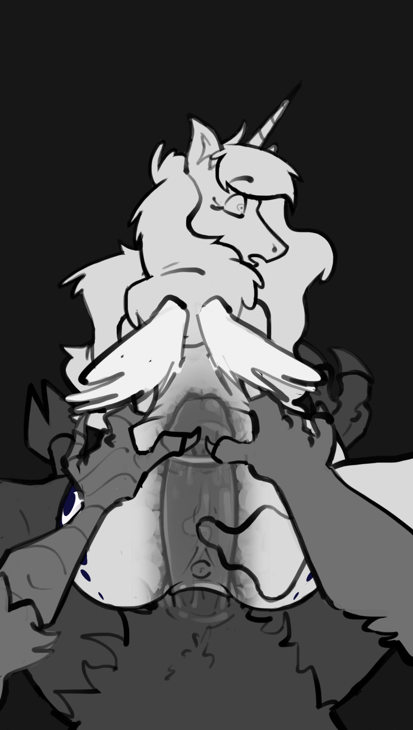 2018 anthro digital_media_(artwork) discord_(mlp) doost draconequus equine erection feathered_wings feathers female first_person_view friendship_is_magic hi_res lying male male/female male_pov mammal monochrome my_little_pony penis princess_luna_(mlp) wings