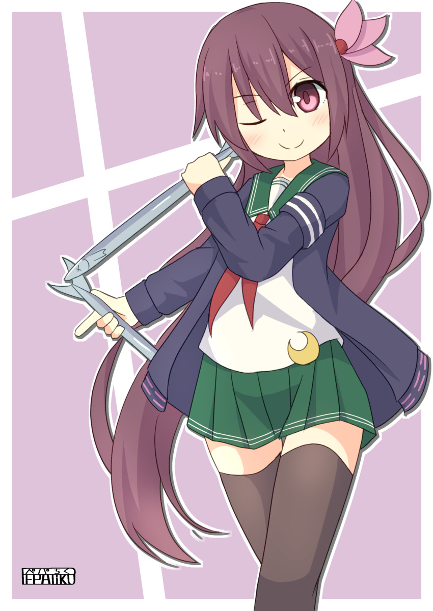 artist_name black_legwear blue_jacket brown_hair commentary_request crescent crescent_hair_ornament crescent_moon_pin fish green_skirt hair_ornament highres jacket kantai_collection kisaragi_(kantai_collection) long_hair long_sleeves looking_at_viewer neckerchief one_eye_closed pepatiku pleated_skirt purple_background purple_eyes remodel_(kantai_collection) ribbon sailor_collar saury school_uniform serafuku skirt smile solo standing sword thighhighs two-tone_background weapon white_background