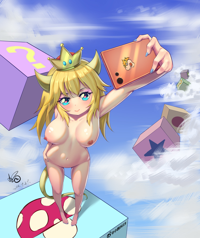 absurdres arm_up artist_name bangs blonde_hair blue_eyes blue_nails blue_sky blush bowser bowsette breasts breasts_apart cellphone closed_mouth cloud collarbone crown dated day fingernails happy heart heart-shaped_pupils highres holding holding_cellphone holding_phone horns konishi_(565112307) large_breasts light_blush long_hair looking_at_viewer looking_up mario_(series) nail_polish navel new_super_mario_bros._u_deluxe nipples nude outdoors outstretched_arm phone self_shot shiny shiny_hair shiny_skin signature sky smartphone smile solo star super_crown symbol-shaped_pupils tail thigh_gap watermark weibo_username