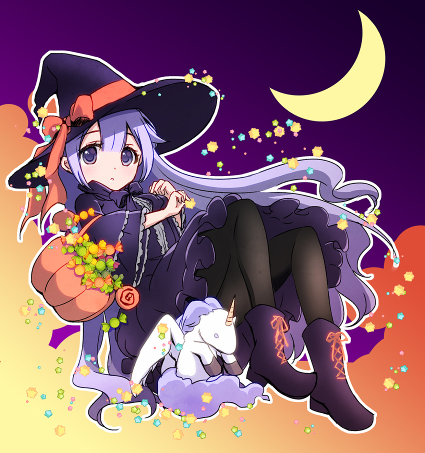 :o alternate_costume azur_lane bangs black_legwear boots bow candy candy_wrapper commentary_request crescent cross-laced_footwear dress eyebrows_visible_through_hair food frilled_dress frills full_body hair_between_eyes halloween halloween_basket hat hat_bow highres lace-up_boots lollipop long_sleeves looking_at_viewer orange_bow pantyhose parted_lips purple_dress purple_eyes purple_footwear purple_hair purple_hat solo stuffed_alicorn sukireto swirl_lollipop unicorn_(azur_lane) wide_sleeves witch_hat