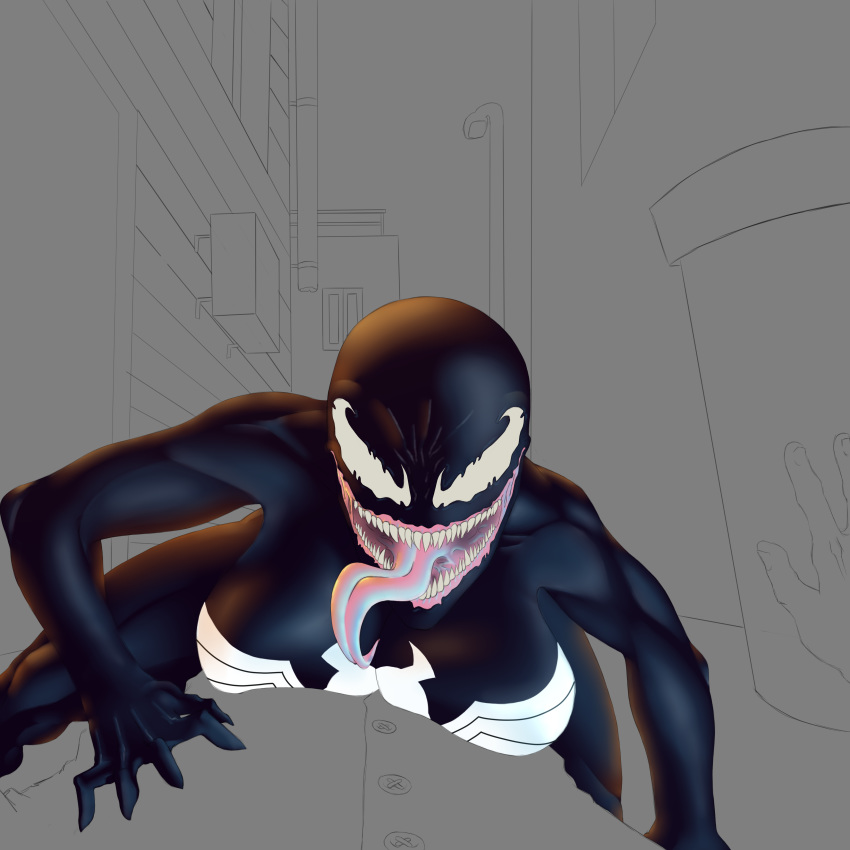 5_fingers breasts crossgender domination female female_domination human humanoid long_tongue lugen_kobold male mammal marvel monster muscular muscular_female not_furry open_mouth partially_colored sharp_teeth simple_background spider-man_(series) symbiote teeth tongue tongue_out venom_(spider-man)