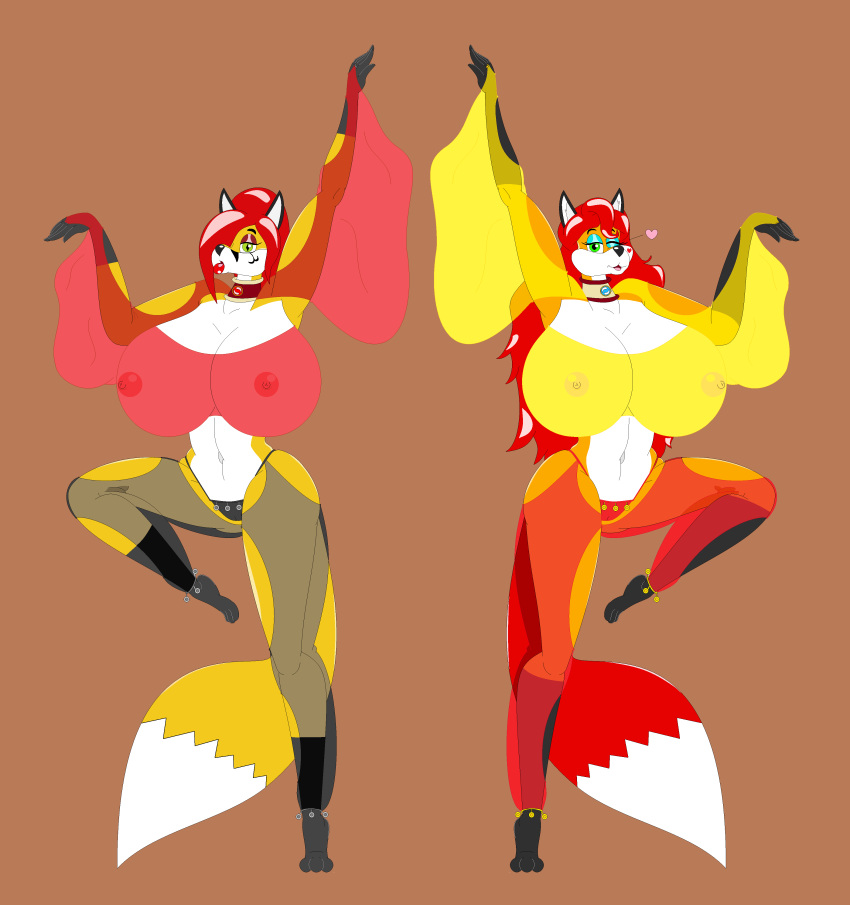 &lt;3 anthro big_breasts breasts canine clothing dancing duo eyeshadow female fox hair harem_clothing harem_girl lipstick makeup mammal midriff navel nipples one_eye_closed red_hair sheer_clothing translucent transparent_clothing unknown_artist wink
