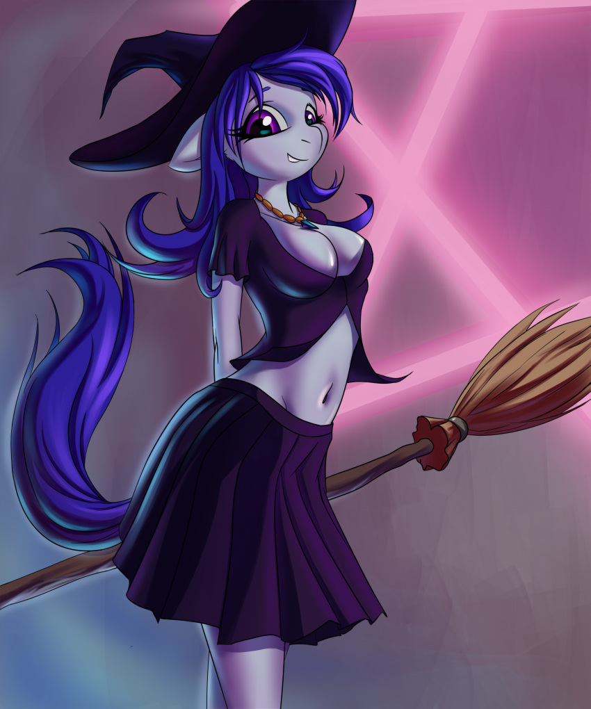 anthro biped blue_eyebrows blue_hair blue_tail breasts broom cleavage clothed clothing equine eyebrows eyelashes fafecalus female fur hair hands_behind_back hat holding_object horse long_hair looking_at_viewer magic_user mammal my_little_pony navel pony purple_eyes shirt simple_background skirt smile smirk solo white_fur witch witch_hat