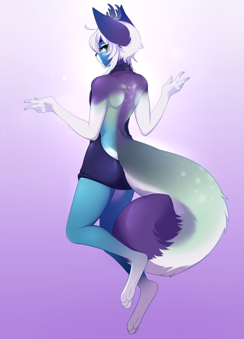 2018 anthro antlers butt_pose clothed clothing crossdressing digital_media_(artwork) fur girly hair here-kitty--kitty horn invalid_tag male mimiru_(mantist) multicolored_fur sweater virgin_killer_sweater white_hair