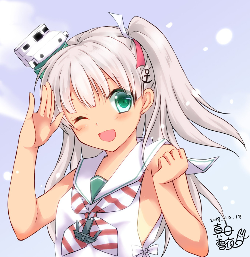 1girl anchor_hair_ornament anchor_necklace bangs blunt_bangs commentary_request dress eyebrows_visible_through_hair green_eyes grey_background hair_ornament hair_ribbon highres kantai_collection long_hair looking_at_viewer maestrale_(kantai_collection) neckerchief one_eye_closed one_side_up ribbon sailor_collar sailor_dress salute silver_hair sleeveless sleeveless_dress solo striped striped_neckwear tan tanline white_dress white_ribbon