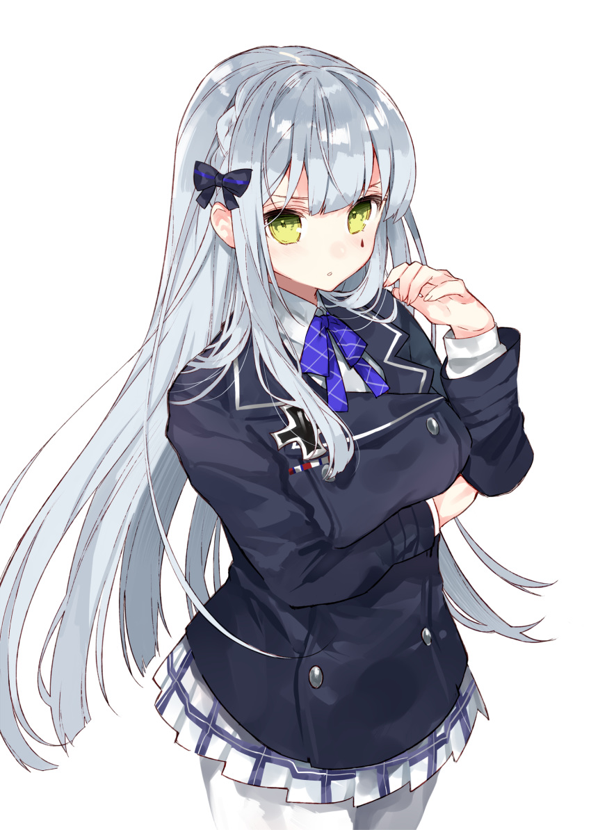 :o alternate_costume bangs blue_neckwear bow braid breast_hold breasts commentary cowboy_shot double-breasted facial_mark girls_frontline green_eyes hair_bow hasegawa_(rarairairai) highres hk416_(girls_frontline) iron_cross jacket long_hair long_sleeves looking_at_viewer medium_breasts pantyhose plaid plaid_skirt pleated_skirt school_uniform silver_hair simple_background skirt solo standing teardrop white_background white_legwear wing_collar