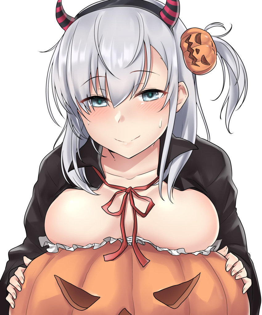absurdres breast_rest breasts cleavage fake_horns food_themed_hair_ornament grey_eyes hair_ornament halloween halloween_costume highres kantai_collection kiritto looking_at_viewer pumpkin pumpkin_hair_ornament solo suzutsuki_(kantai_collection) sweatdrop white_background white_hair