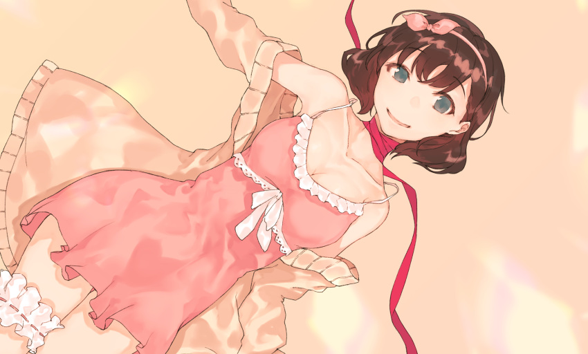 aqua_eyes bangs bare_shoulders black_hair breasts brown_sweater cleavage collarbone dress eyebrows_visible_through_hair fifuth frills hairband highres idolmaster idolmaster_cinderella_girls looking_at_viewer lying medium_breasts neck_ribbon no_nose no_pupils on_back pink_dress pink_hairband red_ribbon ribbon sakuma_mayu short_dress smile solo spaghetti_strap sweater thigh_strap
