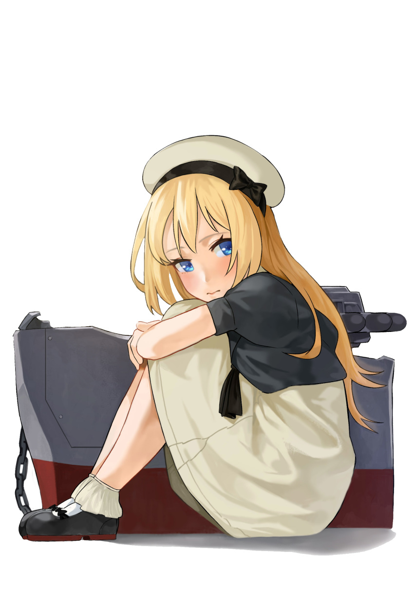 absurdres black_footwear blonde_hair blue_eyes blue_sailor_collar chain dress full_body gloves gom_(kooskoo) hat highres jervis_(kantai_collection) kantai_collection leg_hug long_hair looking_at_viewer machinery mary_janes sailor_collar sailor_dress sailor_hat shoes short_sleeves simple_background sitting solo white_background white_dress white_gloves white_hat