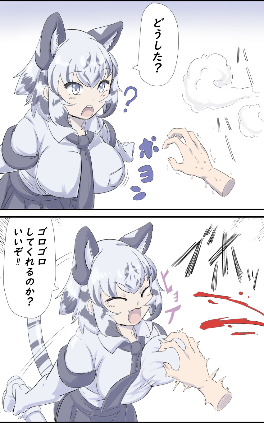 1girl 2koma ? ^_^ animal_ears bangs blood breast_grab breast_pocket breasts check_translation closed_eyes clueless comic commentary_request disembodied_limb extra_ears eyebrows_visible_through_hair fang gloves grabbing grey_hair guided_breast_grab highres kemono_friends motion_lines multicolored_hair necktie open_mouth partially_translated pocket shirt short_hair short_sleeves sidelocks silver_eyes silver_hair skirt smile sound_effects sweat sweating_profusely tail tiger_ears tiger_tail translation_request trembling two-tone_hair upper_teeth white_tiger_(kemono_friends) zetsu_(zyej5442)
