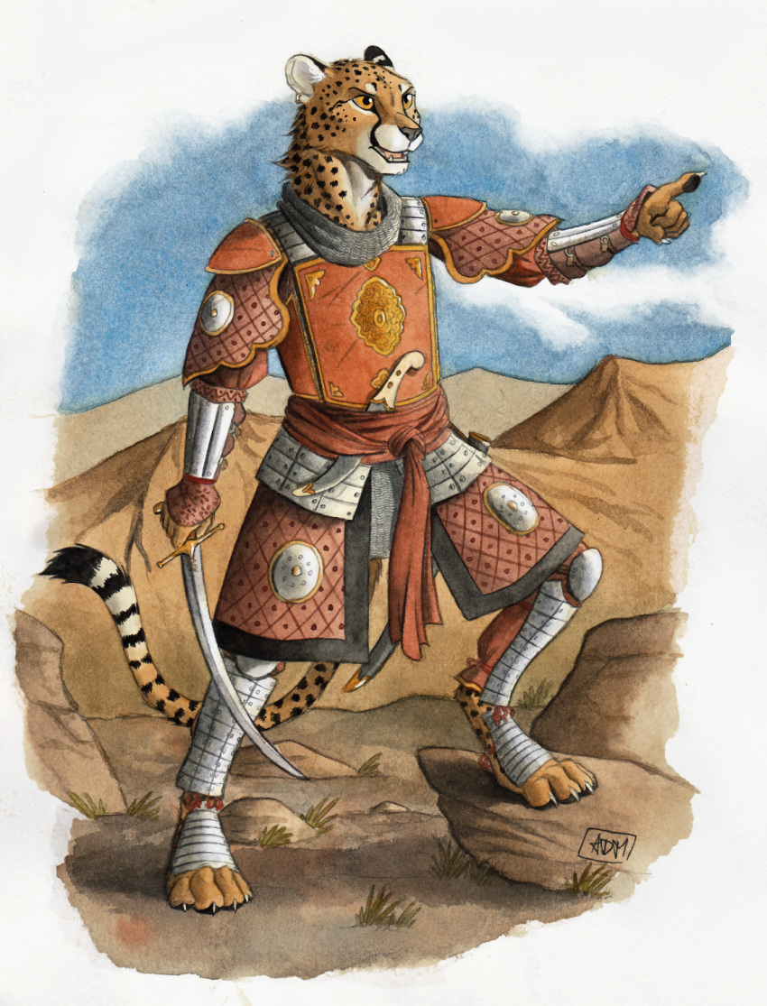 0laffson 2018 4_toes 5_fingers anthro armor barefoot cheetah digitigrade ear_piercing feline fur holding_object holding_weapon mammal melee_weapon piercing solo spots spotted_fur standing sword toes traditional_media_(artwork) weapon